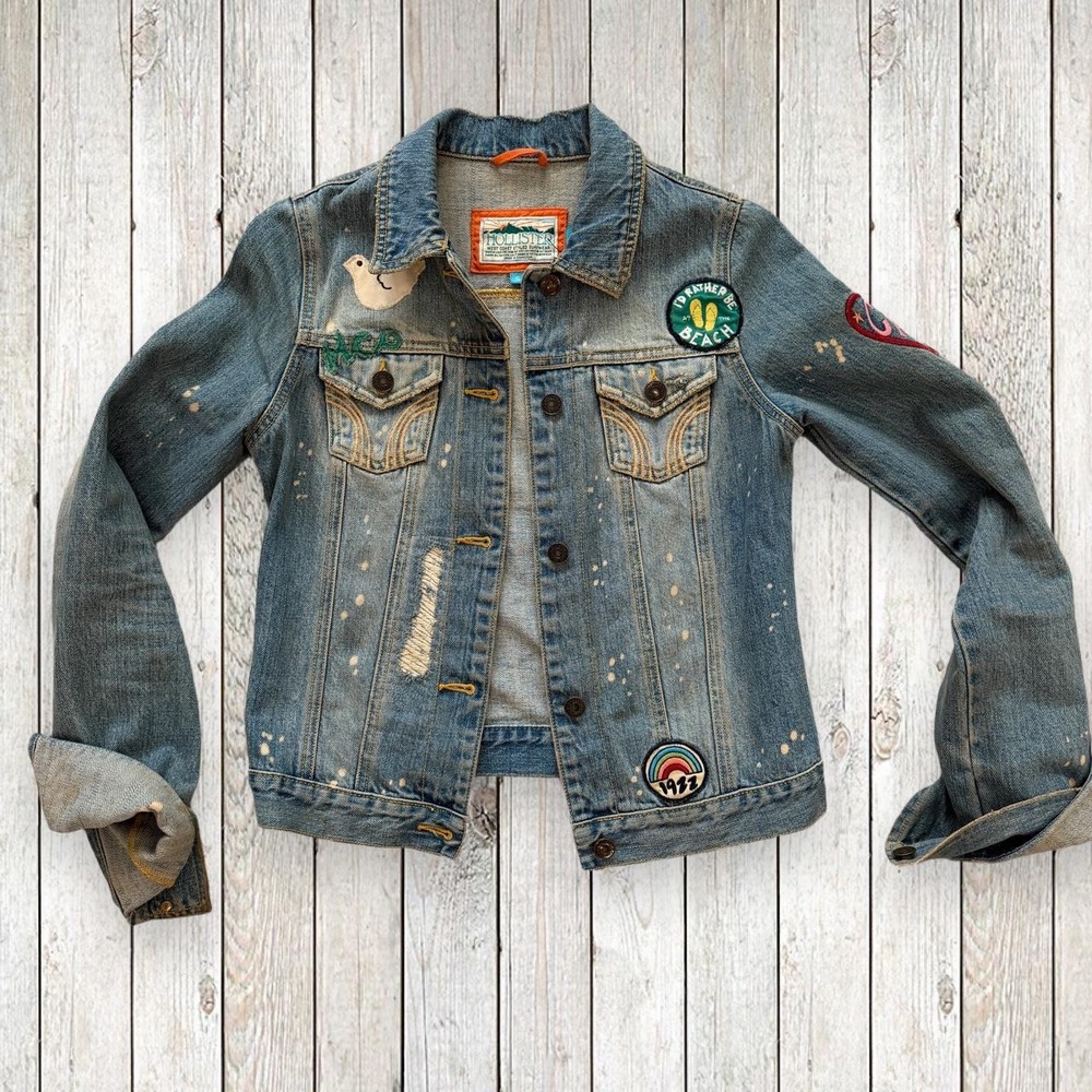 Hollister Womens Denim Jacket Blue Patch Distressed Y2K Surf Vintage 2003 S